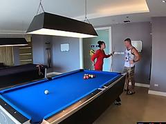 Amateur couple playing pool and having passionate sex afterwards